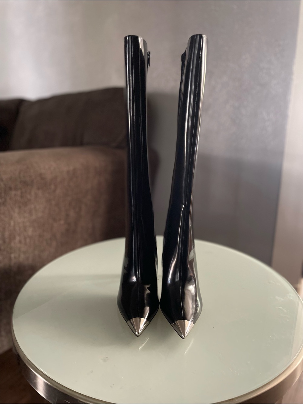 Black Patent Pointed Toe Stiletto Boots with Silver Cap 4 inch heel